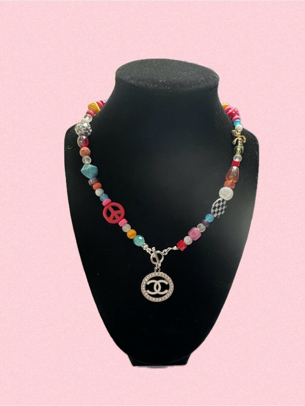 Multicolor Beaded Necklace with Rhinestone CC Pendant